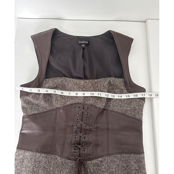 Y2K Bebe Dress Sz 10 Wool Blend Tweed Leather Corset Detail Lace Up Bodycon Slit - Picture 5 of 16